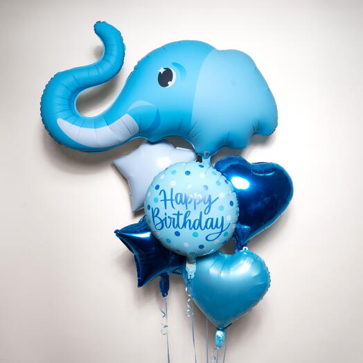 Cute Blue Baby Elephant Theme Happy Birthday Foil Balloon Set  7423
