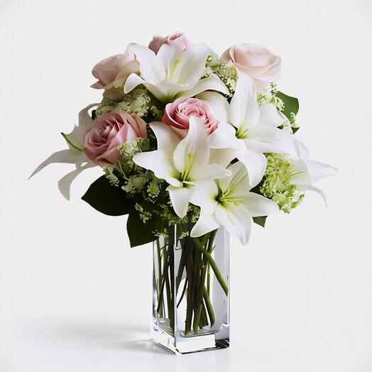 White Lilies   Pink Roses in Glass Vase