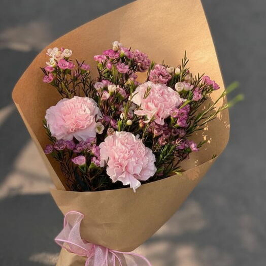 Love letter:3 stem pink carnation, 3 stem wax flower