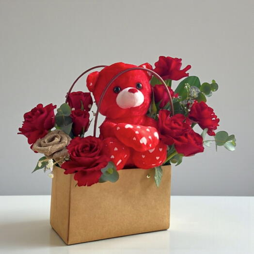 Rosy Bear and Red Roses Delight