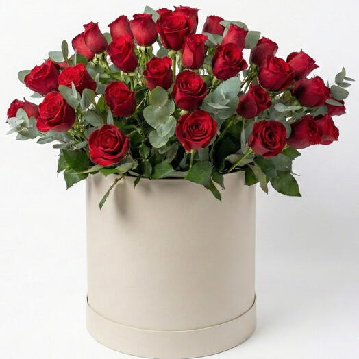 49 Red Roses with Eucalyptus in Round Hat Box | Valentine Flower Box Arrangement
