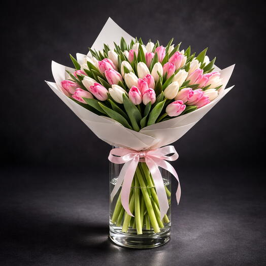 51 Pink   White Tulips Bouquet in a Vase