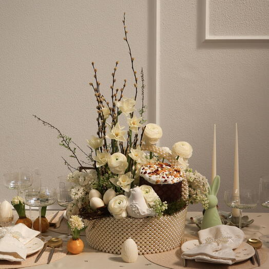«Blessing» — flower arrangement with a Easter cake and realistic candles in a basket (50x40 cm)