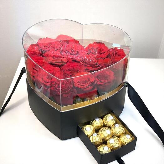 Heart-Shaped Acrylic Rose   Chocolate Gift Box – 23 Red Roses with 100g Belgian Chocolates (25cm)