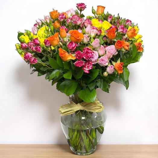 Sunrise Bouquet | Mixed Roses   Baby Roses in Glass Vase