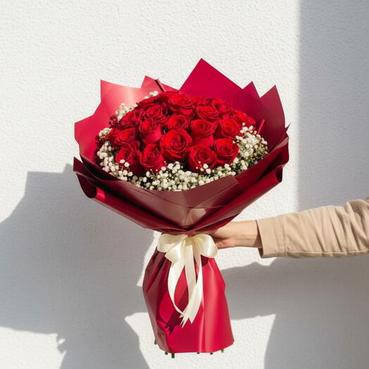 Romantic Red Rose Bouquet – 25 Roses with Baby s Breath | Love Gift Dubai