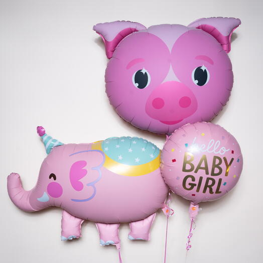 Cute Pink Pig And Circus Elephant Hello Baby Girl Foil Balloon Set  7443