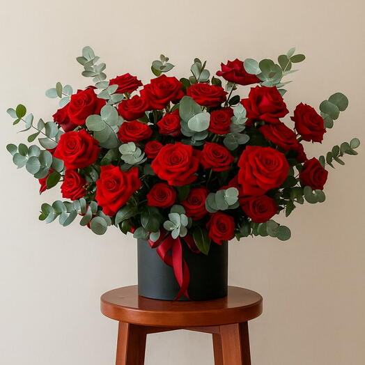 51 Red Roses in Black Box | Luxury Open Rose Arrangement with Eucalyptus UAE