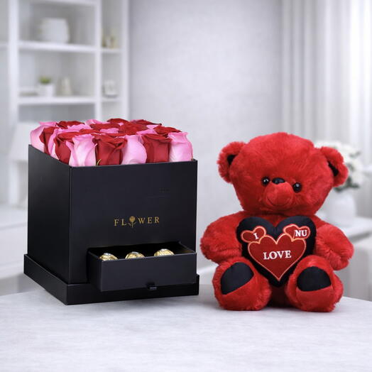 Crimson Blush Passion Box – Mixed Roses, Ferrero Rocher   Red Teddy Combo
