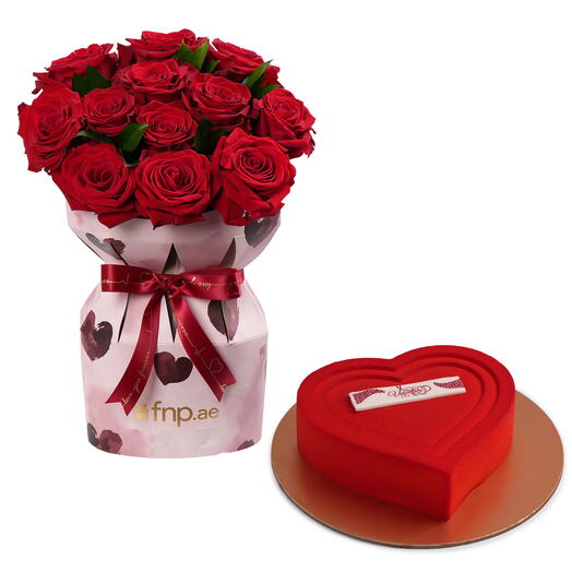 Вечная элегантность букет любви из 15 красных роз с шоколадным тортом в форме сердца