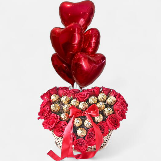 Women s day Special_ Red Rose Ferrero With Heart Balloons Premium Gift Basket