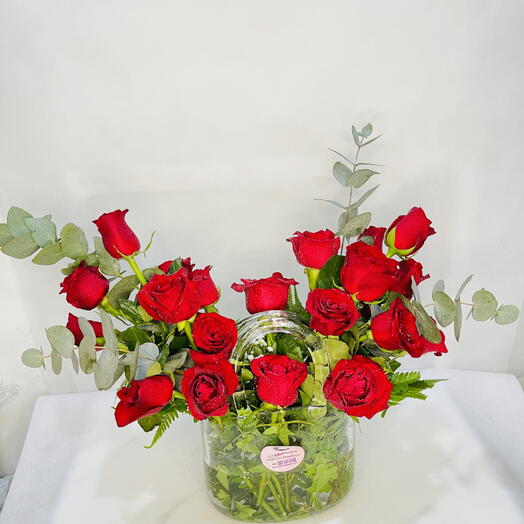 Basket Love: Glass Basket with 20 Stems of Red Roses and Eucalyptus
