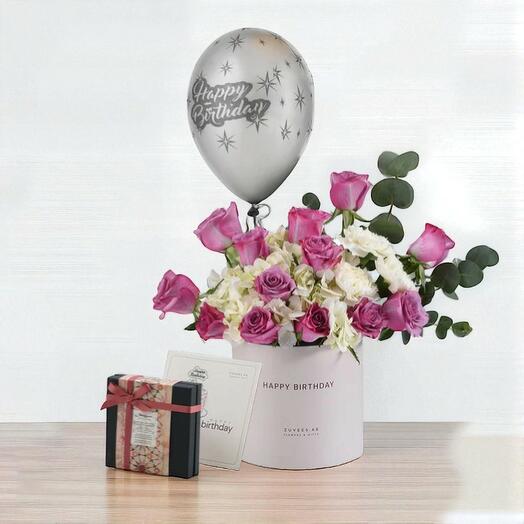 Royal Amethyst Birthday Bloom Box   Chocolate Combo – Purple Rose Arrangement with Balloon