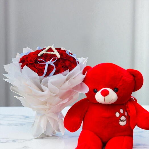 Elegance red bouquet and red teddy