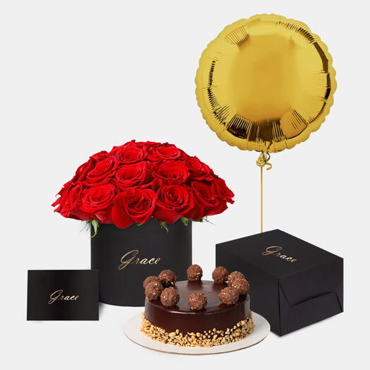 Pack de rosas rojas en caja con tarta Ferrero