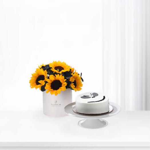 Boîte blanche Golden Noir Bloom avec gâteau au chocolat d'Halloween