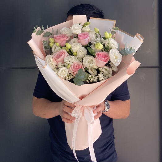 Blush Ivory | Pink Roses | White Lisianthus | Pink and White Bouquet