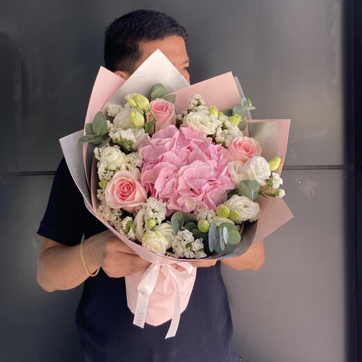 Pink Harmony | Hydrangea | Pink Roses | Lisianthus | Pink and White Bouquet