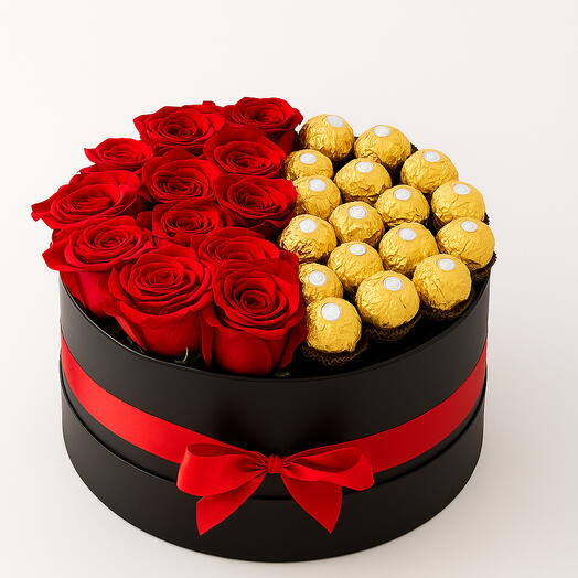 12 Red Roses with Ferrero Rocher 16 Pcs | Romantic Flower Basket Gift UAE