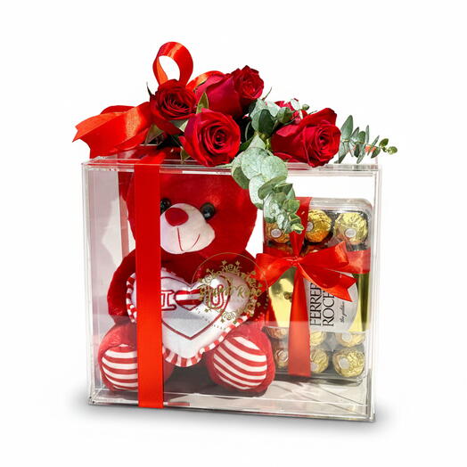 Плюшевый мишка, Ferrero в акриловой коробке с розами