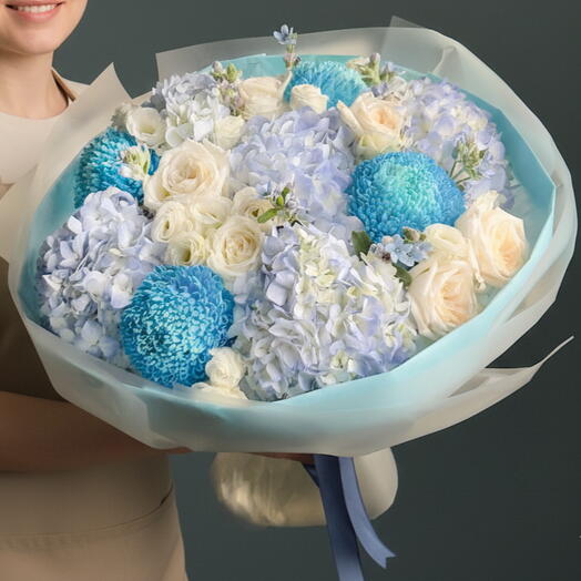 Blue Hydrangea N Peony Chrysanthemum Bouquet