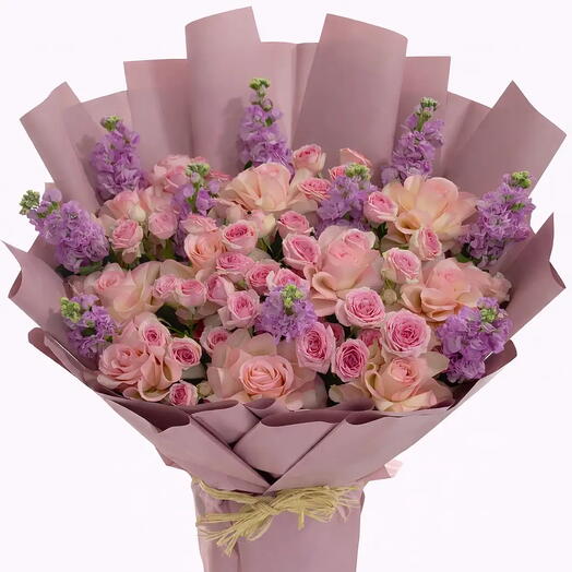 Blush Pink Roses   Purple Matthiola Bouquet