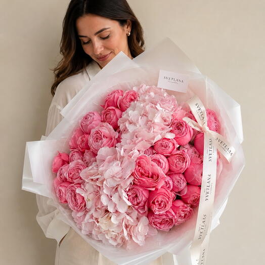 15-Stem Pink Hydrangea   Peony Rose Luxe Bouquet