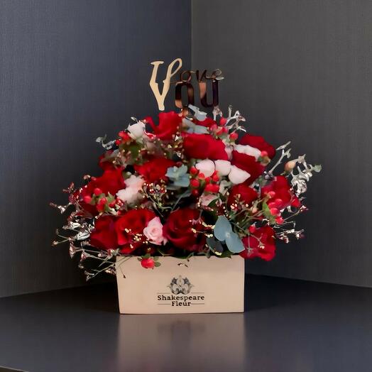 Crafted Love Box – I Love You Flower Arrangement with Red Roses   Acrylic Tag