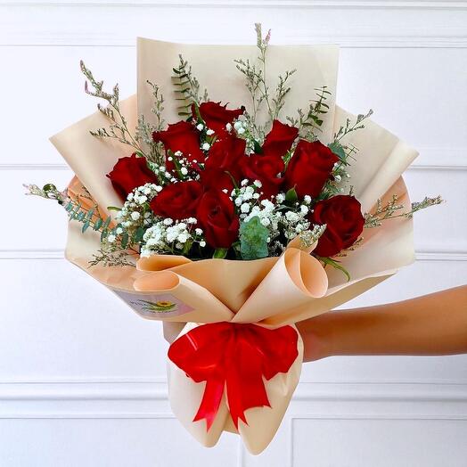 Forever Yours Bouquet – 12 Red Roses with Eucalyptus   Limonium