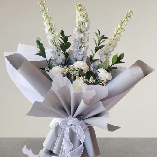 Стебли высоких дельфиниумов Pearl Meadow и нежные соцветия гипсофилы