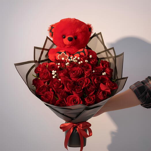 Букет красных роз с мишкой 🧸
