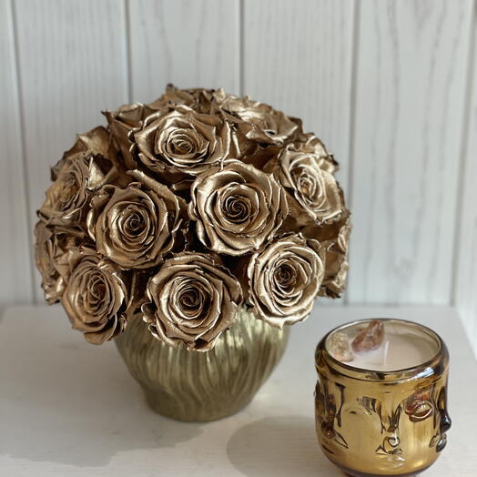 Gold Preserved Roses and Visage Candle Gift Set