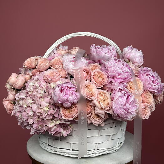 Floral Fire: Basket with Hydrangea, Peonies and Roses