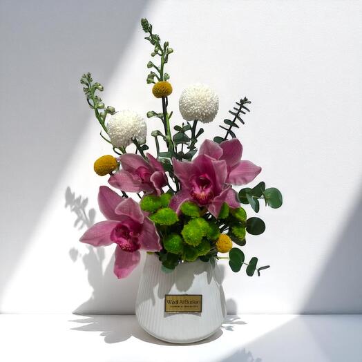 Orchid Harmony Ceramic Vase – Modern Arrangement with Cymbidium, Craspedia   Eucalyptus