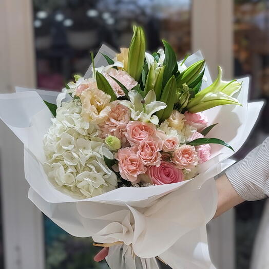 Peach Pink Beach | lilies hydrangea and roses bouquet | Express   Reliable Delivery in Dubai