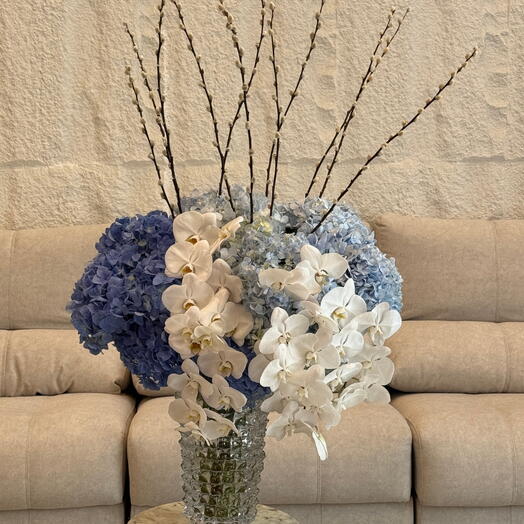 The Winter Tide: White Orchids, Blue Hydrangeas Pussy Willow Interior Composition
