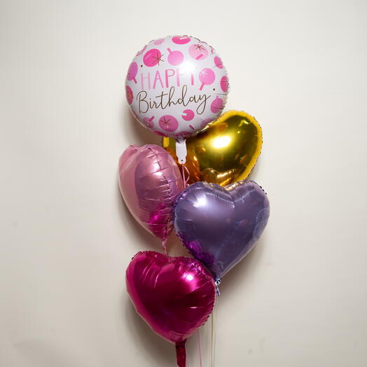 Happy Birthday with 4 Heart Foil Balloons Set 7373