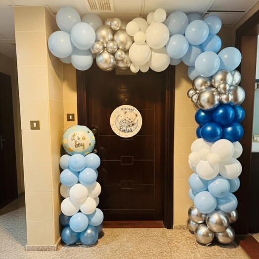 Baby Boy Welcome Balloon Decoration | Door Balloon Garland with Custom Name Sign