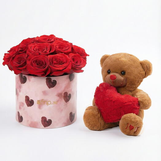 Luxe Red Rose Box with Teddy