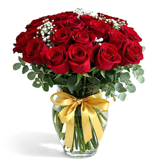 25 Red Roses in Glass Vase