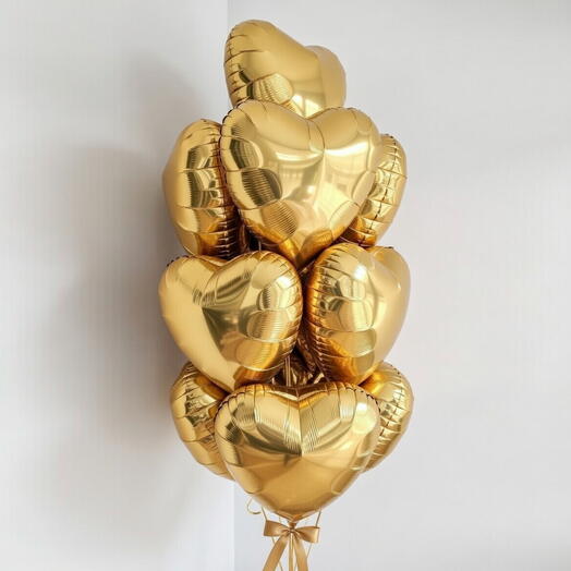 Набор из 10 гелиевых фольгированных шаров в форме сердца(золотые)
