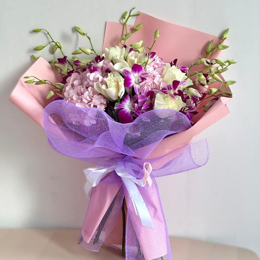 Petals of Hope — Pink Hydrangeas, Purple Orchids White Roses Bouquet | Uplifting Gift of Renewal, Strength Grace
