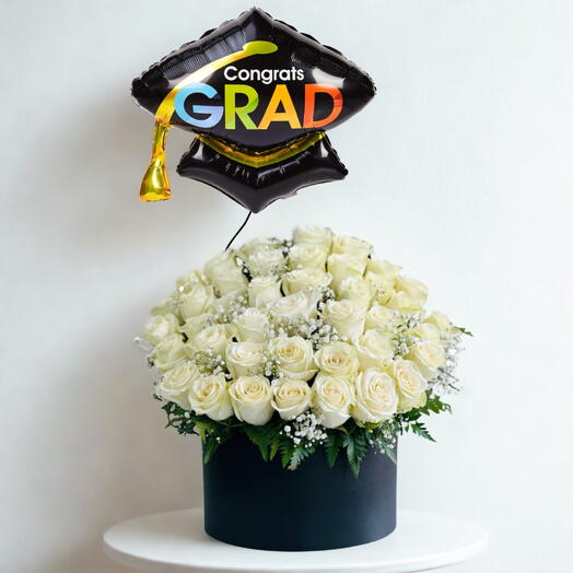 White Rose  Bouquet with Foil Balloon | Celebrate Success in Style