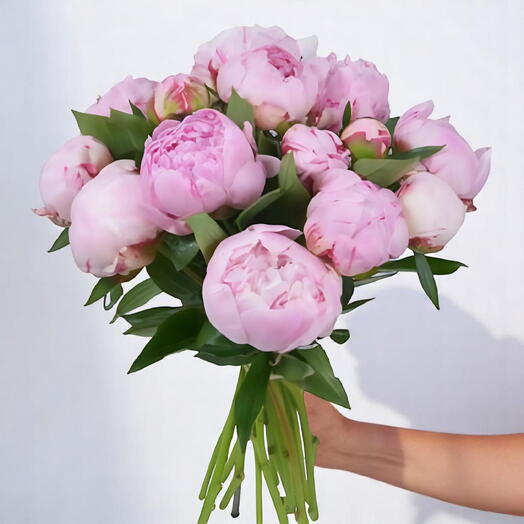 15 Pink Peonies Hand-Tied Bouquet – Fresh Peony Flower Arrangement with Ribbon