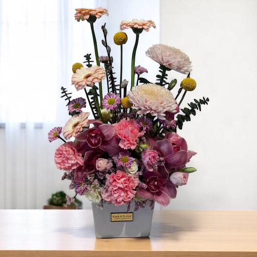 Elegant Pink   Purple Flower Arrangement in Modern Vase | Gerbera, Carnations, Chrysanthemums, Cymbidium Orchids