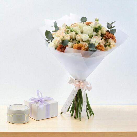 Peach   White Rose Bouquet with Rasasi Raqiya Bakhoor – Comfort   Wellness Gift Set