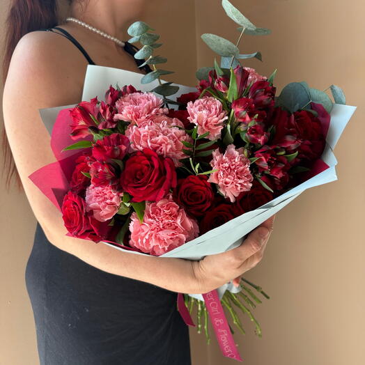 Blushing Romance large bouquet with red roses , carnations, alstromeria