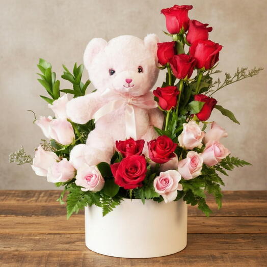 21 roses   composition avec ourson en peluche | roses rouges   roses roses – cadeau romantique élégant Dubaï JVC