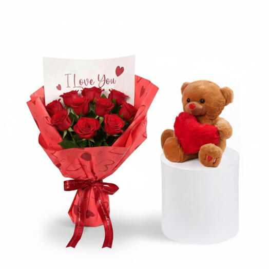 Букет «10 причин, почему я люблю тебя» с плюшевым медвежонком