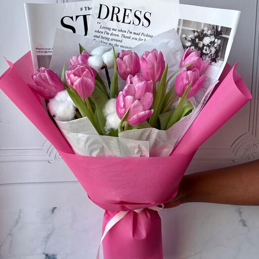 Pink Tulips Bouquet with Cotton